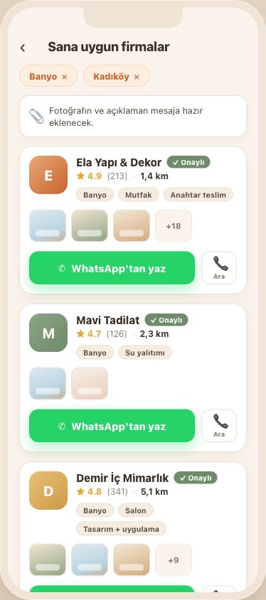 Uygulama firma listesi ekranı: onaylı, puanlı yerel firmalar ve WhatsApp'tan yaz butonları