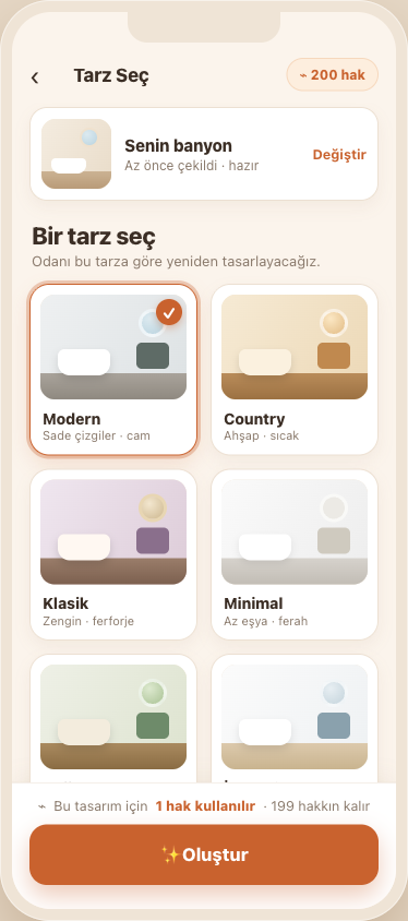 Uygulama tarz seçme ekranı: çekilen odanın önizlemesi ve Modern, Country, Klasik, Minimal gibi tarz seçenekleri
